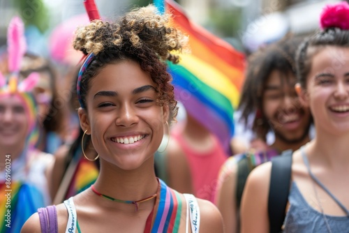 Portrait of young people rallying for LGBTQ+ rights at a Pride month parade with diversity and rainbow flags © JAYDESIGNZ