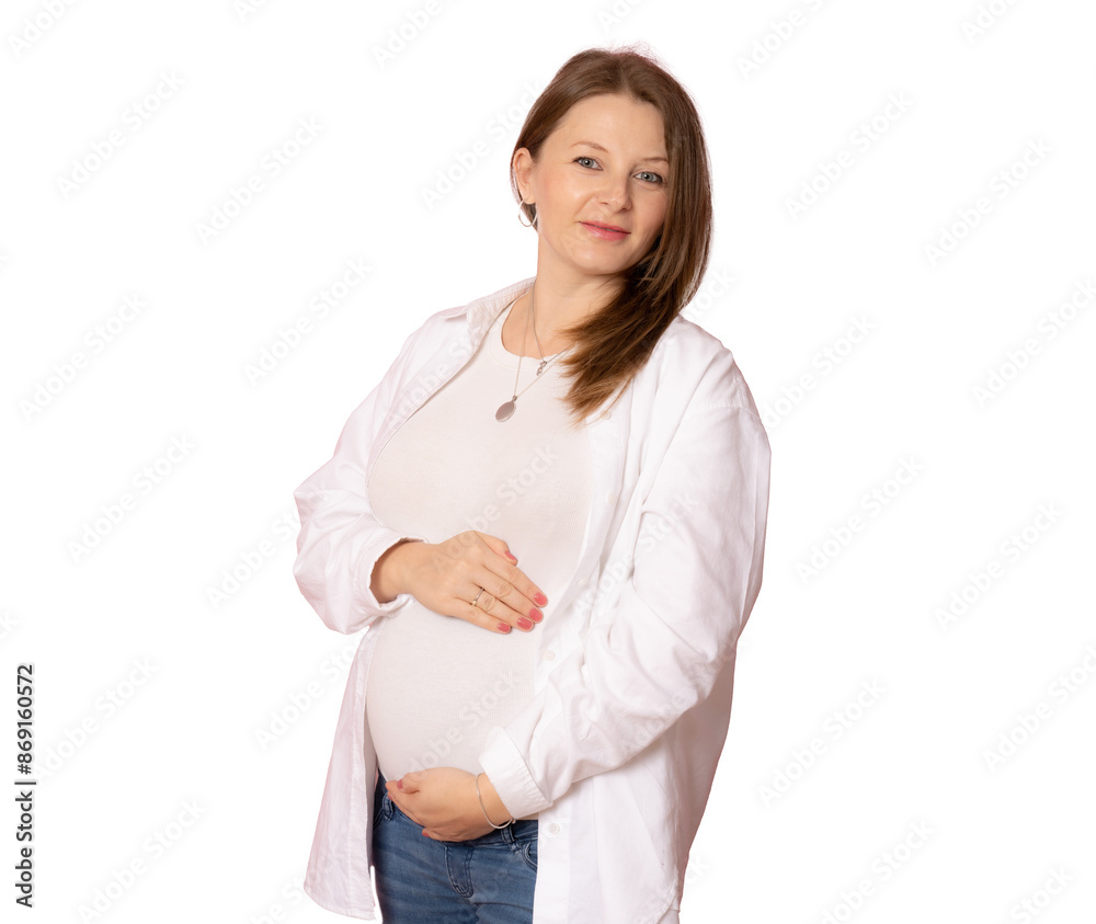Smiling pregnant woman standing on transparent background.