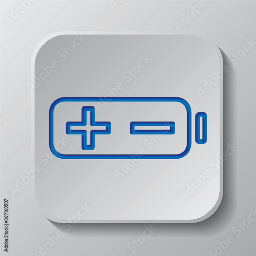 Battery, plus minus simple icon. Flat design. Paper cut design. Cutted blue symbol with shadow. Gray badge button, gray background