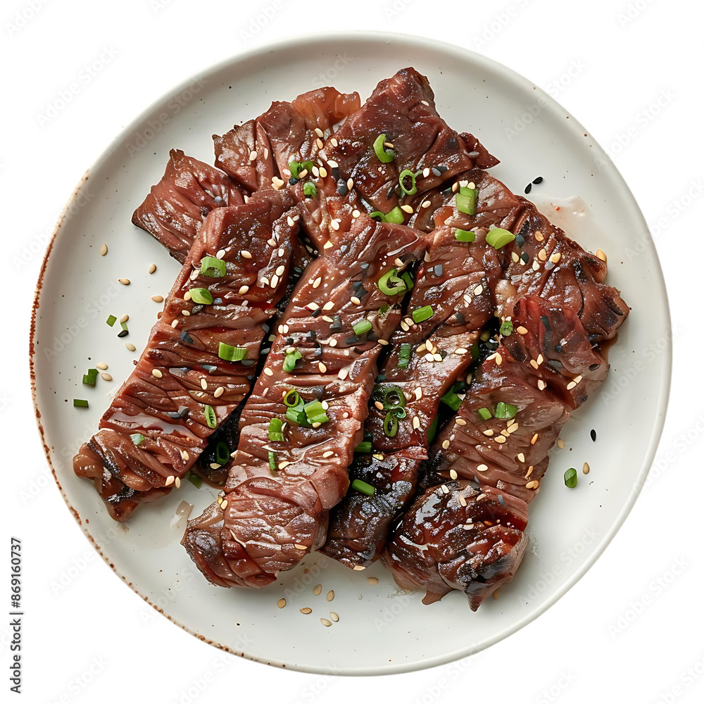 Grilled Beef with Sesame Seeds and Green Onions on a White Plate - Food Photography Grilled Beef with Sesame Seeds and Green Onions on a White Plate - Food Photography