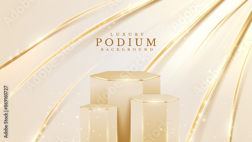 Obraz na plátne Elegant golden pedestal with sparkling backdrop Suitable for displaying cosmetic products