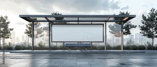 depicts a sleek, rectangular bus stop with a flat roof supported by slim pillars. Solar panels are installed on the roof, suggesting an eco-friendly design. The back wall serves as an advertising bill photo