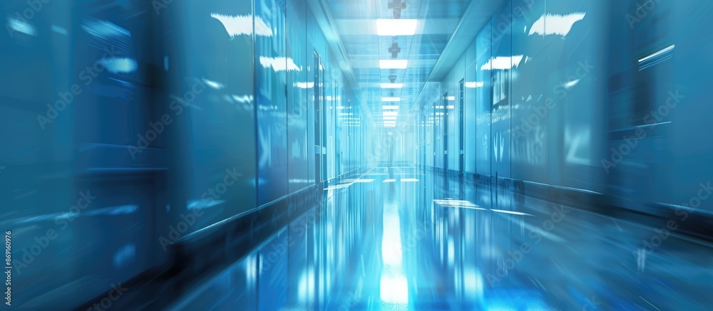 Concept of a hospital corridor with a background of blue color in a blurred effect. Concept of a hospital corridor with a background of blue color in a blurred effect.