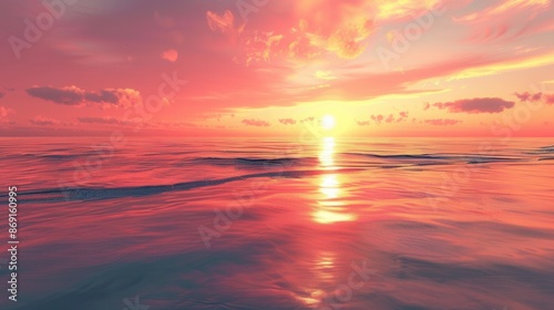 A stunning sunset over the ocean with warm orange and pink hues reflecting on the calm water. Generative AI