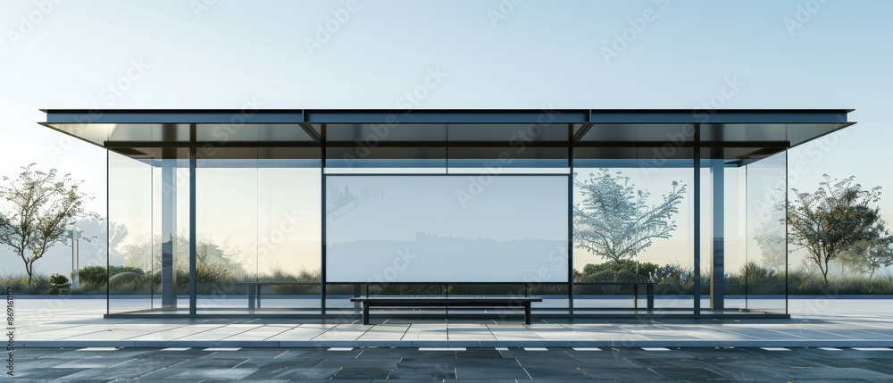 Urban Bus Stop Mockup with Blank Billboard in Modern Glass Shelter with Minimalistic Design Urban Bus Stop Mockup with Blank Billboard in Modern Glass Shelter with Minimalistic Design