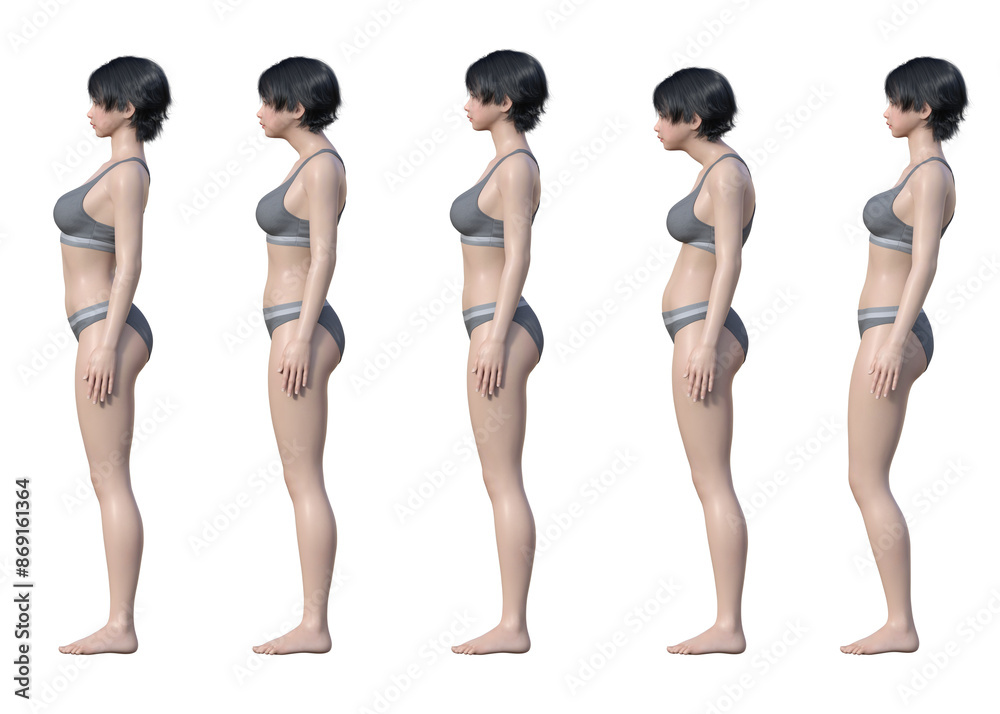 良い姿勢 悪い姿勢 猫背 ストレートネック 日本人3Dモデル女性の全身横向き イラストセット