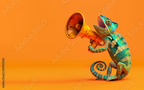 Vibrant Chameleon Shouting into a Megaphone – Creative Announcement Concept
