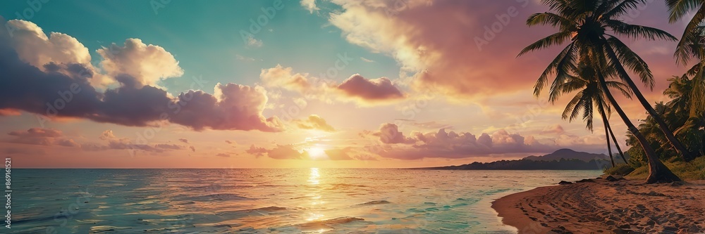 Silhouettes tropical Palm trees on colorful ocean, Wide landscape background Silhouettes tropical Palm trees on colorful ocean, Wide landscape background