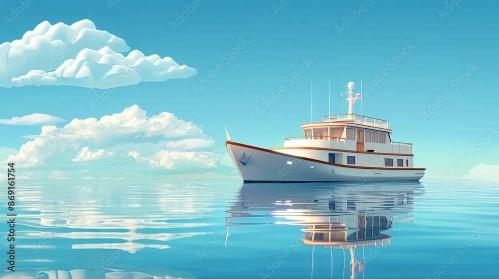 A white yacht is docked on the calm blue ocean, with white fluffy clouds in the blue sky. A white yacht is docked on the calm blue ocean, with white fluffy clouds in the blue sky.