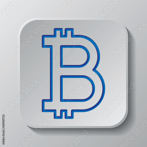 Bitcoin simple icon vector. Flat design. Paper cut design. Cutted blue symbol with shadow. Gray badge button, gray background