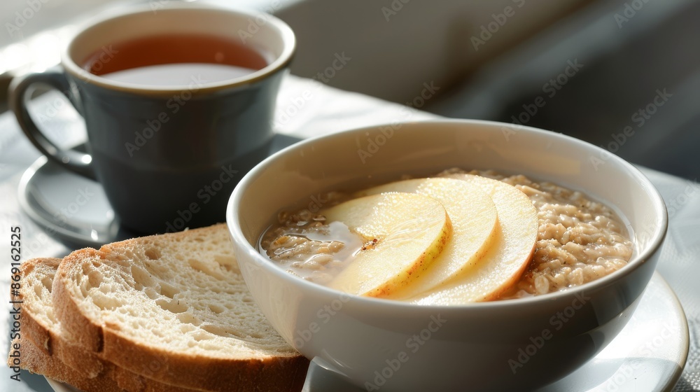 Simple Breakfast with Oatmeal, Apple Slices, Bread, and Tea in a Sunlit Setting Simple Breakfast with Oatmeal, Apple Slices, Bread, and Tea in a Sunlit Setting