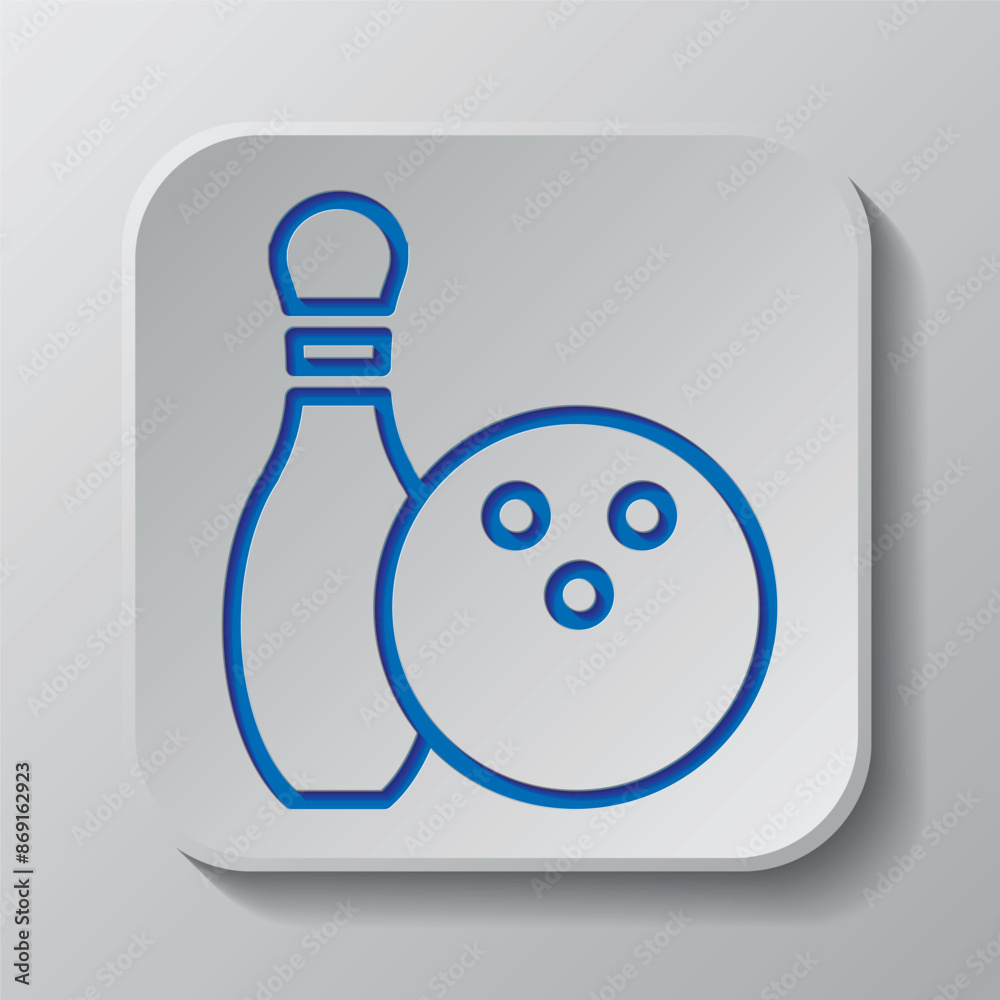 Bowling simple icon vector. Flat design. Paper cut design. Cutted blue symbol with shadow. Gray badge button, gray background Bowling simple icon vector. Flat design. Paper cut design. Cutted blue symbol with shadow. Gray badge button, gray background