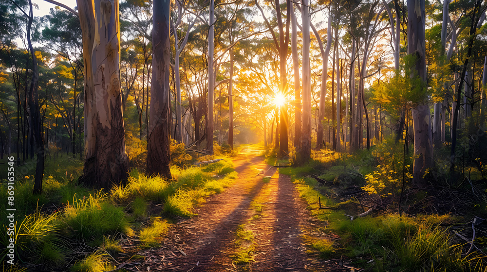 Serene footpath winding through a dense eucalyptus forest, with golden sunset sunbeams filtering through the tall trees, casting a warm and magical glow on the path. Serene footpath winding through a dense eucalyptus forest, with golden sunset sunbeams filtering through the tall trees, casting a warm and magical glow on the path.