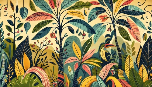 Ilustración exótica de lujo tropical, Hojas de plátano de colores pastel, palma, Vintage, dibujado a mano, palmeras, jungla, wallpaper, papel mural, papel pintado, decoración de interiores