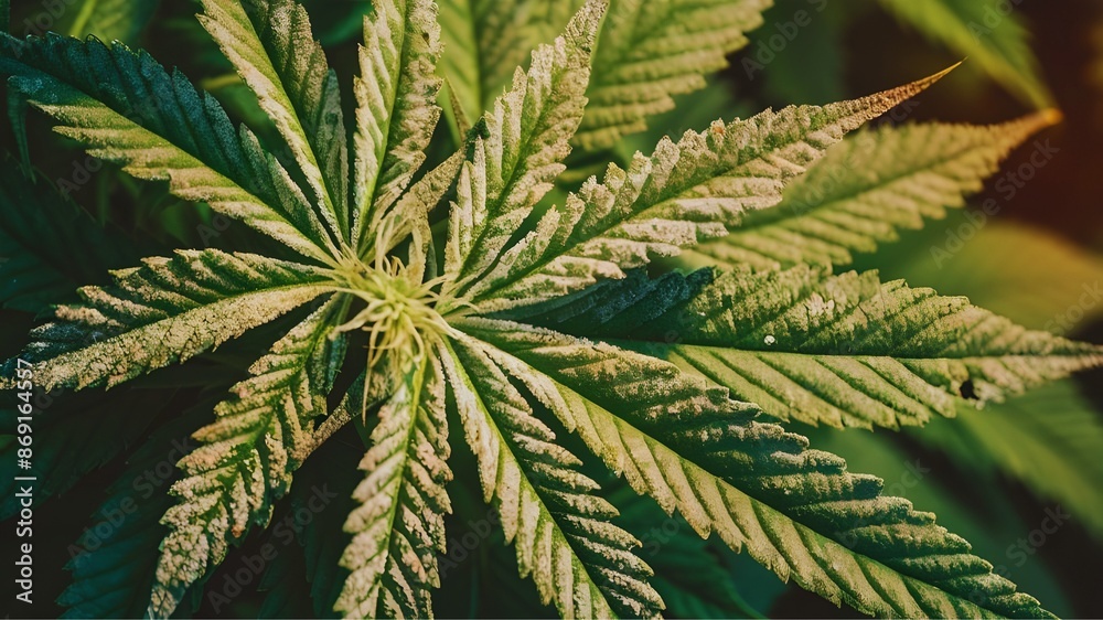 Cannabis mildew disease, cannabis leaf,  Powdery mildew is a fungal disease that causes a white powdery coating to form on the leaves and stems of cannabis plants.