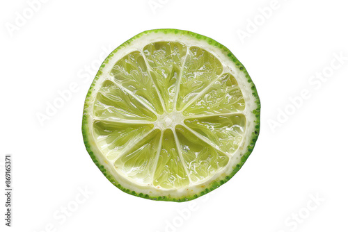 Close-up of a fresh lime slice on a white background, showcasing vibrant green color and juicy texture, perfect for food and drink themes. photo