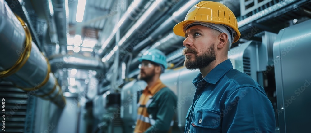 Professional HVAC technicians installing heating, ventilation, and air conditioning systems in modern commercial building Professional HVAC technicians installing heating, ventilation, and air conditioning systems in modern commercial building