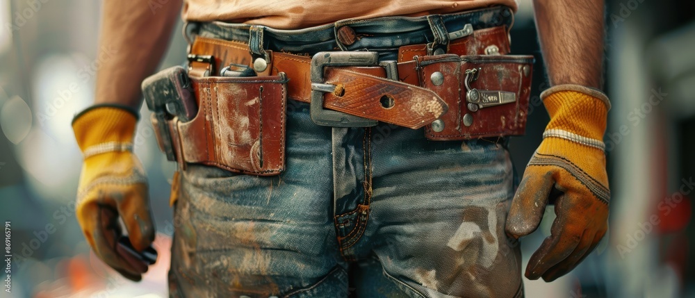 Construction Worker’s Tool Belt Close-Up Showing Various Tools and Equipment for Building Projects Construction Worker’s Tool Belt Close-Up Showing Various Tools and Equipment for Building Projects