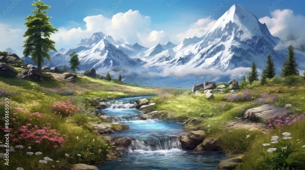 A beautiful landscape with snow-capped mountains, a river, and a meadow full of flowers. The sky is blue and there are some clouds. A beautiful landscape with snow-capped mountains, a river, and a meadow full of flowers. The sky is blue and there are some clouds.