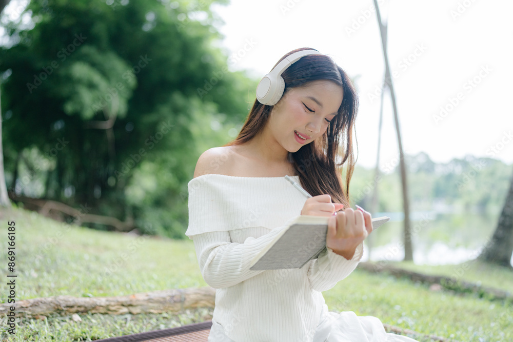 Naklejka premium Side view of a cute teenager wearing headphones sitting on the grass and writing a notebook while relaxing on the weekend