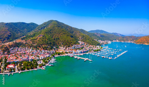 Fototapeta Naklejka Na Ścianę i Meble -  Fethiye city and port aerial panoramic view in Turkey