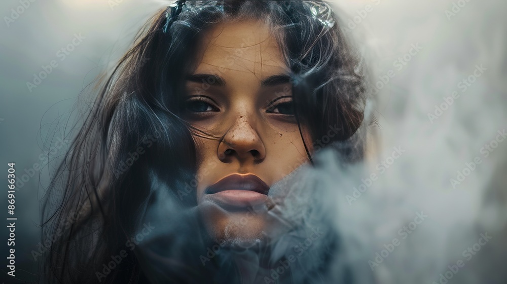 A woman with long dark hair stares intensely through a veil of smoke. Her expression A woman with long dark hair stares intensely through a veil of smoke. Her expression