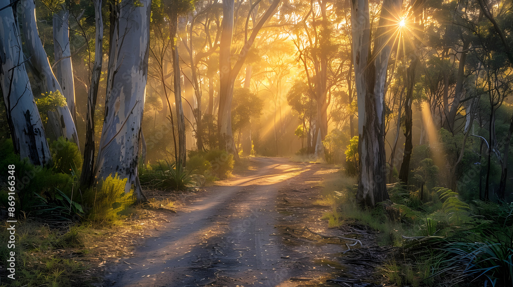 Fototapeta premium Serene footpath winding through a dense eucalyptus forest, with golden sunset sunbeams filtering through the tall trees, casting a warm and magical glow on the path. 
