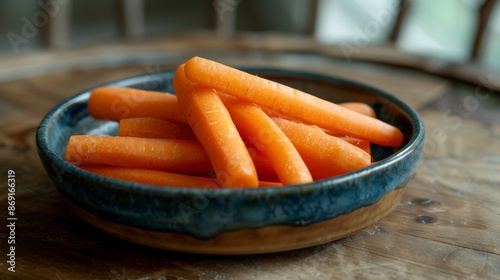 Fresh carrot sticks placed in a blue ceramic bowl, set on a rustic wooden table. Ideal for highlighting farm-to-table concepts and healthy snack options. photo