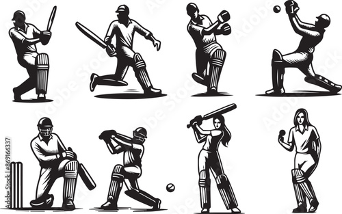Cricket Player Silhouettes and SVG Vectors for Creative Projects.