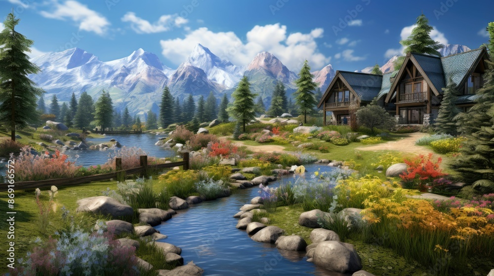 Fototapeta premium A beautiful landscape image of a mountain cabin in the summer. The cabin is nestled in a valley surrounded by snow-capped mountains.
