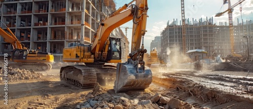 Busy Construction Site with Heavy Machinery in Action