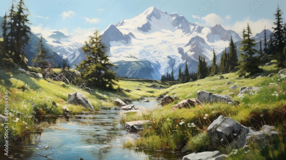 The image is of a beautiful mountain landscape. The sky is blue and clear, and the sun is shining. The image is of a beautiful mountain landscape. The sky is blue and clear, and the sun is shining.