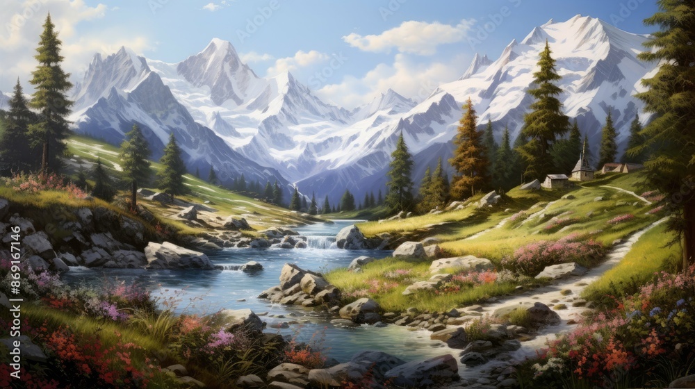 The image is of a beautiful mountain landscape. There is a river in the foreground, and mountains in the background. The image is of a beautiful mountain landscape. There is a river in the foreground, and mountains in the background.
