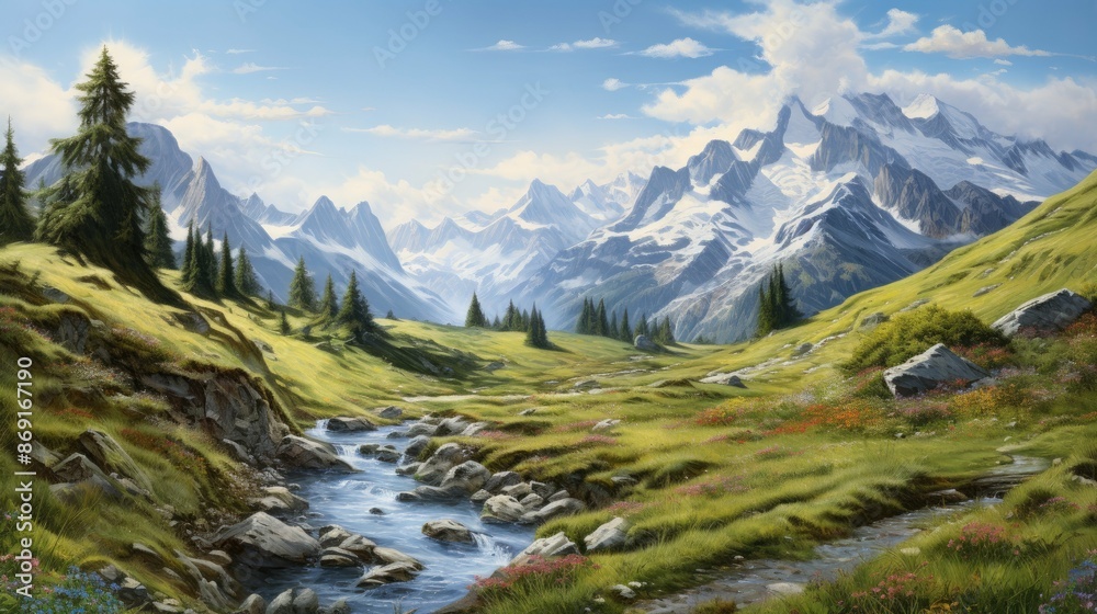 The image is of a beautiful mountain landscape. The sky is blue and clear, and the sun is shining. The mountains are covered in snow. The image is of a beautiful mountain landscape. The sky is blue and clear, and the sun is shining. The mountains are covered in snow.