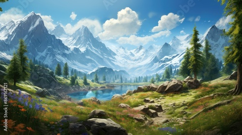 A beautiful mountain landscape with a lake, flowers, and trees. The mountains are covered in snow. The sky is blue and there are some clouds. © BozStock