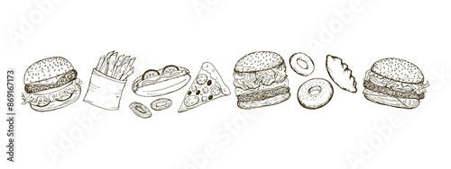 Horizontal design of fast food drawings. Vector doodle image of burger, hot dog, French fries and slice of pizza. Unhealthy snack, not healthy lifestyle. Delicious food drawn by hand.