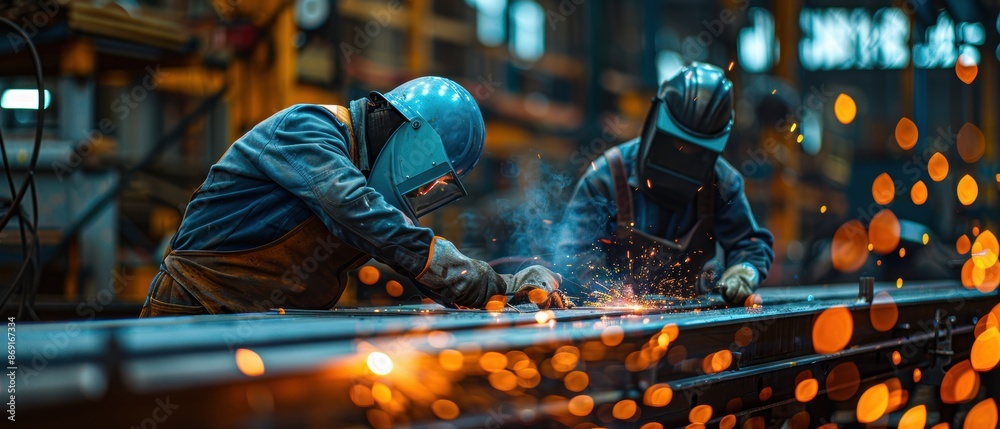Skilled Workers Welding Steel Structures with Sparks Flying on Construction Site Skilled Workers Welding Steel Structures with Sparks Flying on Construction Site