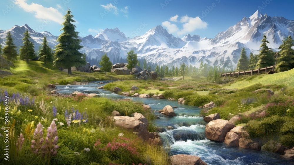 Obraz premium A beautiful landscape with snow-capped mountains, a river, and a meadow full of flowers. The sky is blue and the sun is shining.
