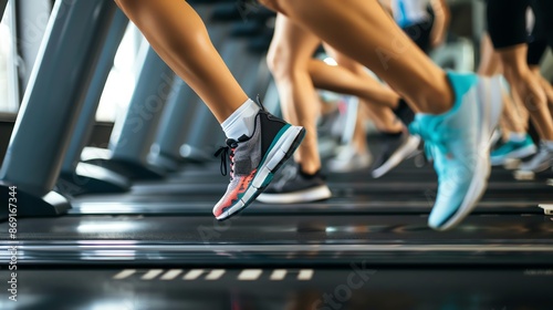 A group of people running on treadmills at the gym. © Galib