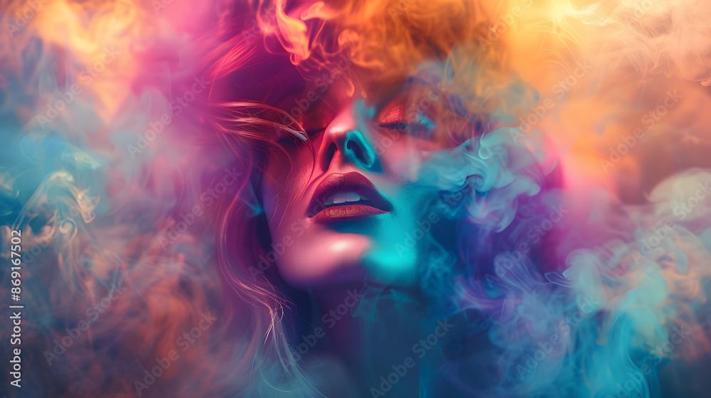 Ethereal woman enveloped in a misty aura, with vivid colors radiating from her, blending into the surrounding environment in a magical display Ethereal woman enveloped in a misty aura, with vivid colors radiating from her, blending into the surrounding environment in a magical display