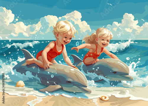 Boy girl and dolphin in the sea vector illustration