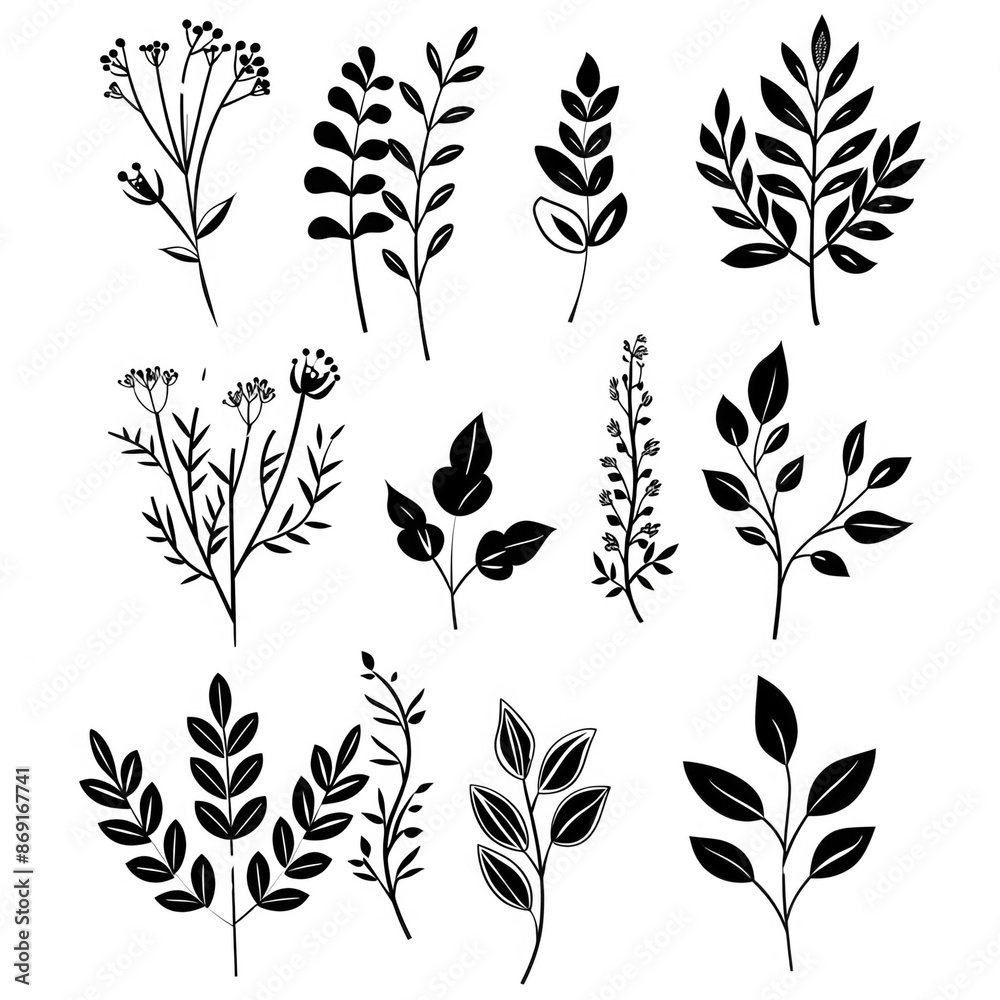 Hand-drawn botanical icons in black on a white background are perfect for creating natural and organic designs with a touch of elegance. Hand-drawn botanical icons in black on a white background are perfect for creating natural and organic designs with a touch of elegance.