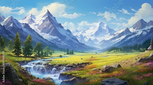 A beautiful landscape with snow-capped mountains, a river, and a small cottage. The sky is blue and the sun is shining.