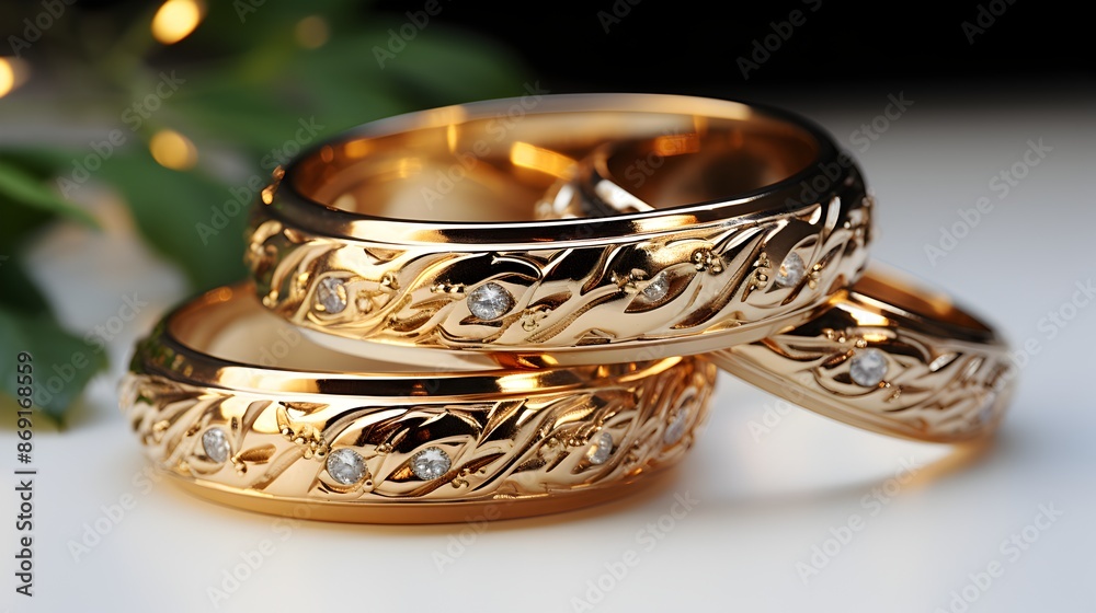 Wedding rings, close-up shot of intertwined wedding rings in gold and diamonds Wedding rings, close-up shot of intertwined wedding rings in gold and diamonds