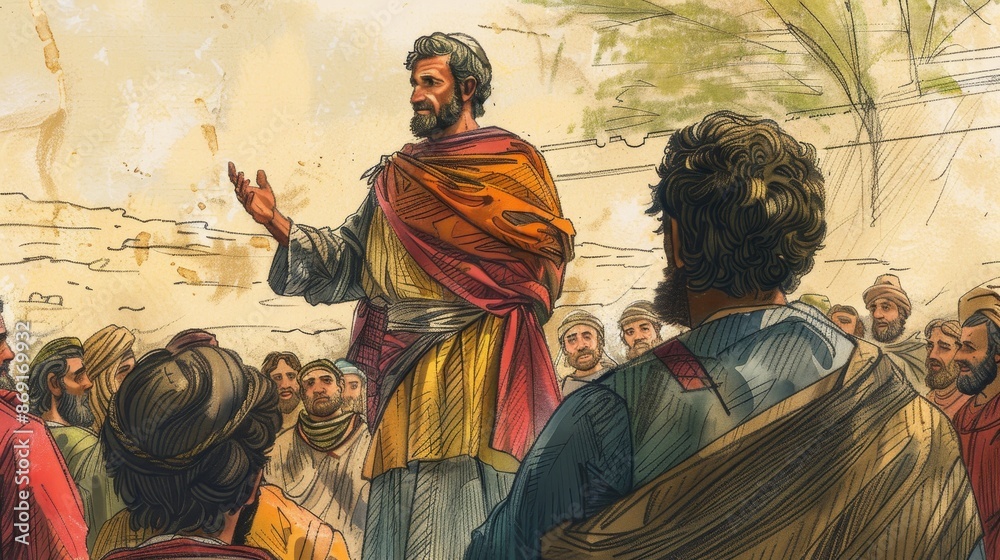 Joshua,Joshua’s Farewell to the Leaders,Biblical Illustration: Joshua Addressing the Leaders of Israel with His Farewell Speech, Beige Background, Copyspace