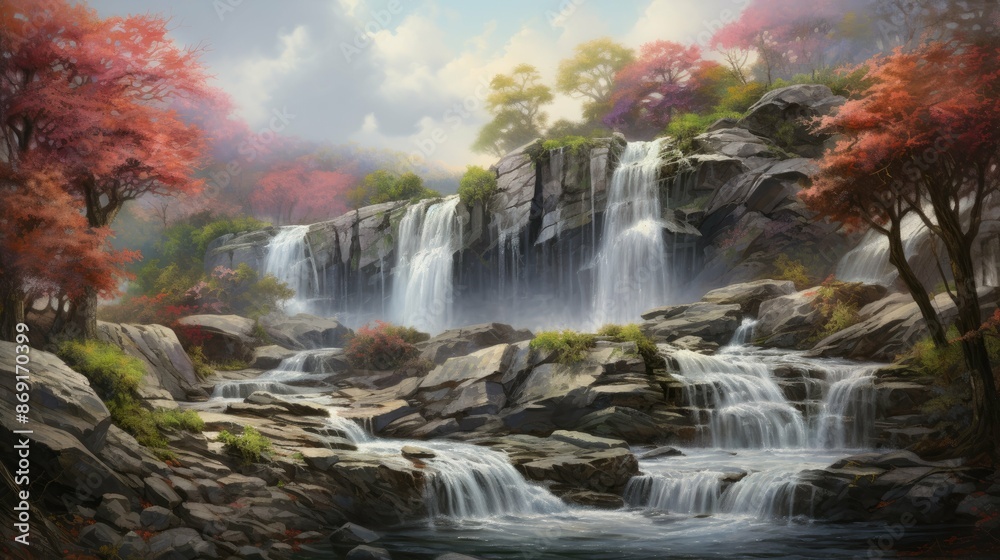 Obraz premium The image is of a beautiful waterfall in a forest. The water is crystal clear and the rocks are covered in moss.