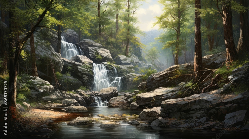 The beautiful landscape of a waterfall in the forest. The waterfall is surrounded by lush green trees and rocks. The beautiful landscape of a waterfall in the forest. The waterfall is surrounded by lush green trees and rocks.