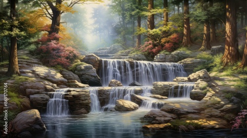 The image is of a beautiful waterfall in a forest. The water is crystal clear and the sun is shining through the trees.