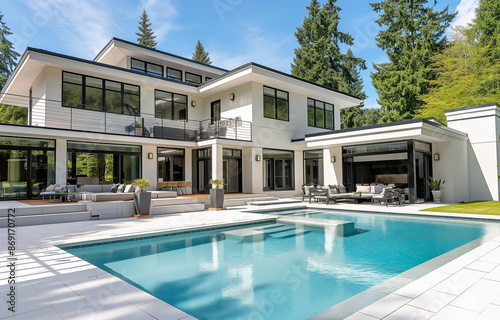A photo of a large white modern farmhouse with black accents and high-end outdoor furniture in the backyard pool area