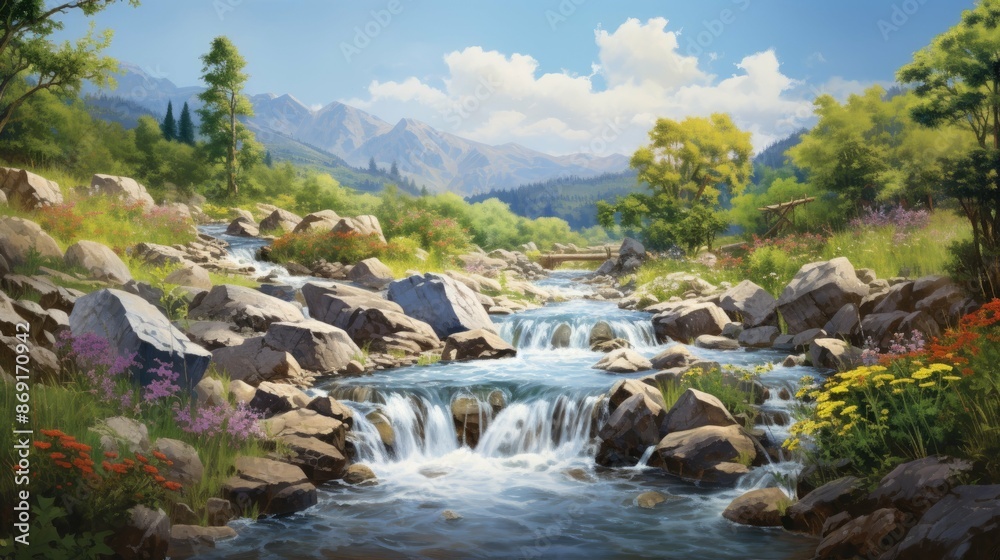 Fototapeta premium The image is of a beautiful landscape with a river running through it. The water is crystal clear and you can see the rocks and pebbles on the bottom.